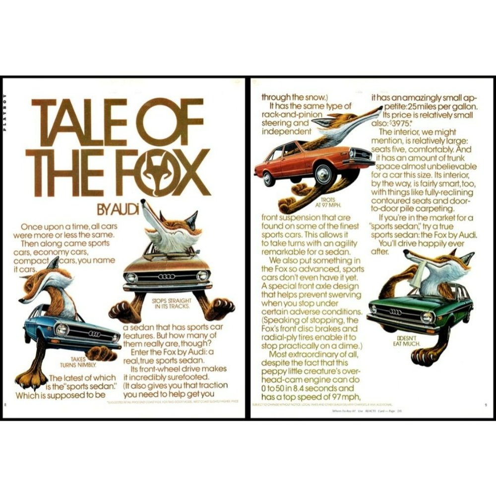 1974 Audi Fox Sedan 2 Page Color Vintage Print Ad Retro Car Wall Art Decor